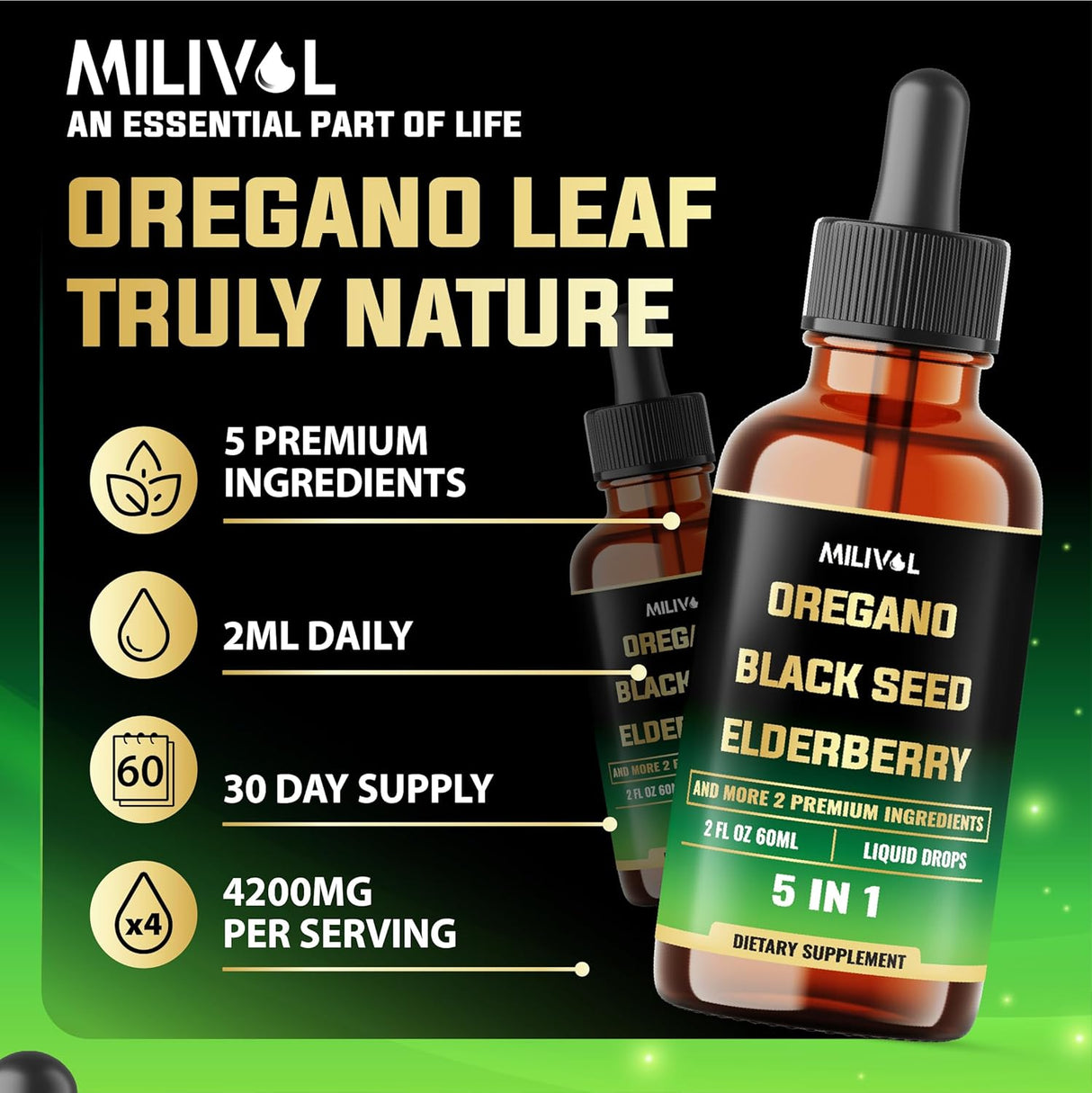 Oregano Oil Líquido 5en1 con SemillaNegra, Elderberry, Ajo, Olivo 2oz