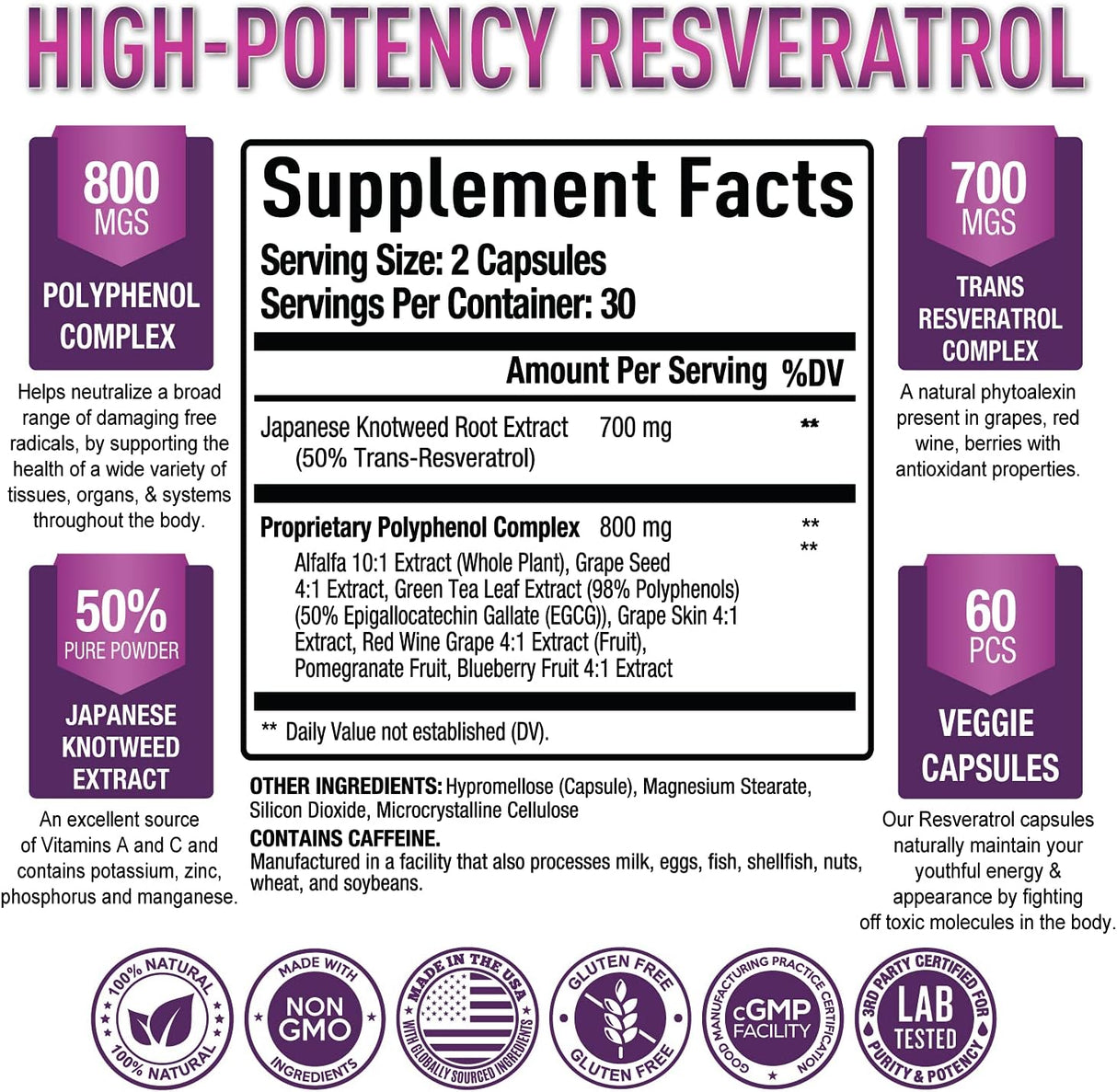 Suplemento de resveratrol premium de 1500 mg Fuerza máxima