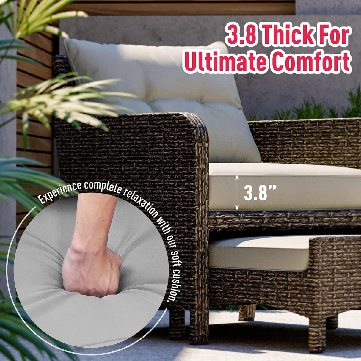 Pamapic Juego de 5 muebles de mimbre para patio, sillas de patio al aire libre con otomanas, muebles de conversación con mesa auxiliar para jardín junto a la piscina, balcón (cojín gris + ratán gris)