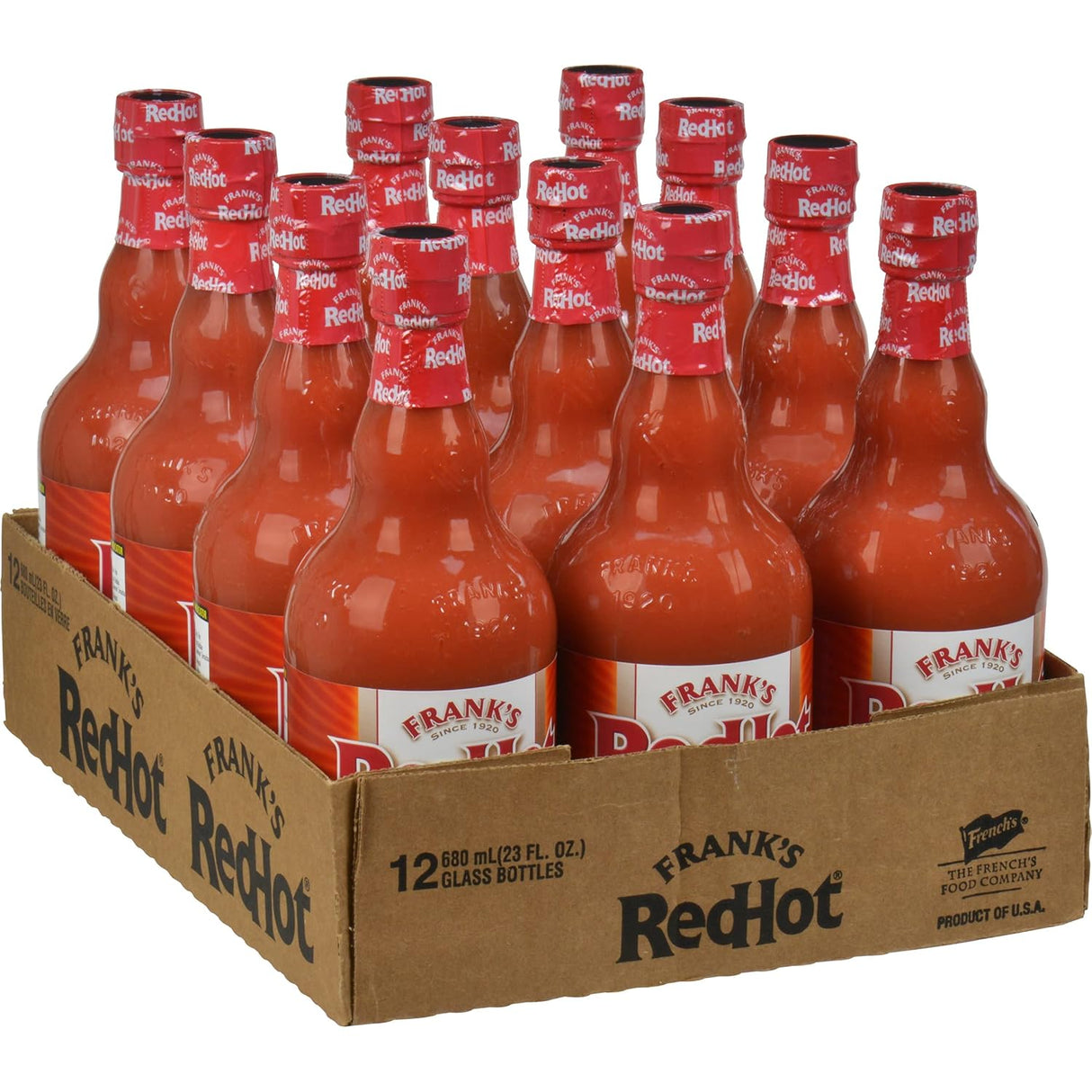 Frank's RedHot Salsa picante original, 23 onzas líquidas (paquete de 12), un paquete de 12 botellas de 23 onzas líquidas de salsa picante original de pimienta de cayena, ideal para mesa