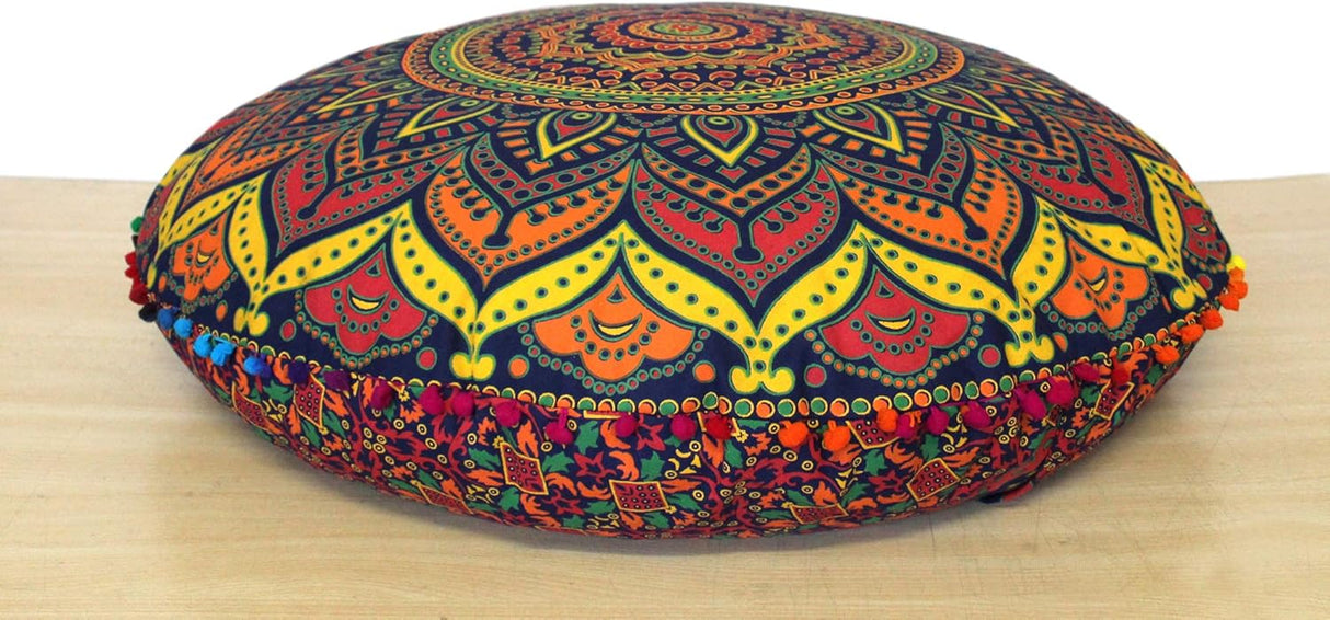 ICC - Almohadas y cojines de suelo de 32 pulgadas, diseño de mandala hippie para meditación, cojín bohemio, funda otomana grande y bohemia para sofá, redondo, azul, multicolor