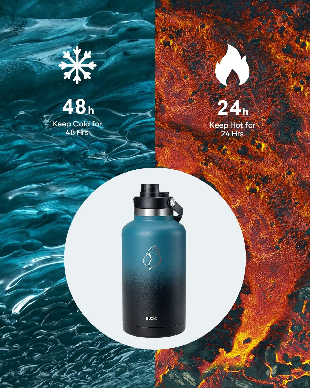 Botella de Agua de 64oz, BUZIO, Aislada, Con Paja y Funda