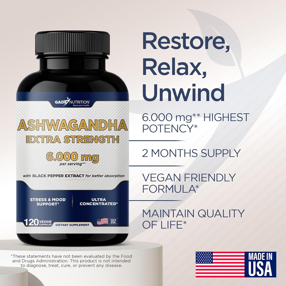 Suplementos de Ashwagandha 6000mg, Veggie Cápsulas, 120 Uds.