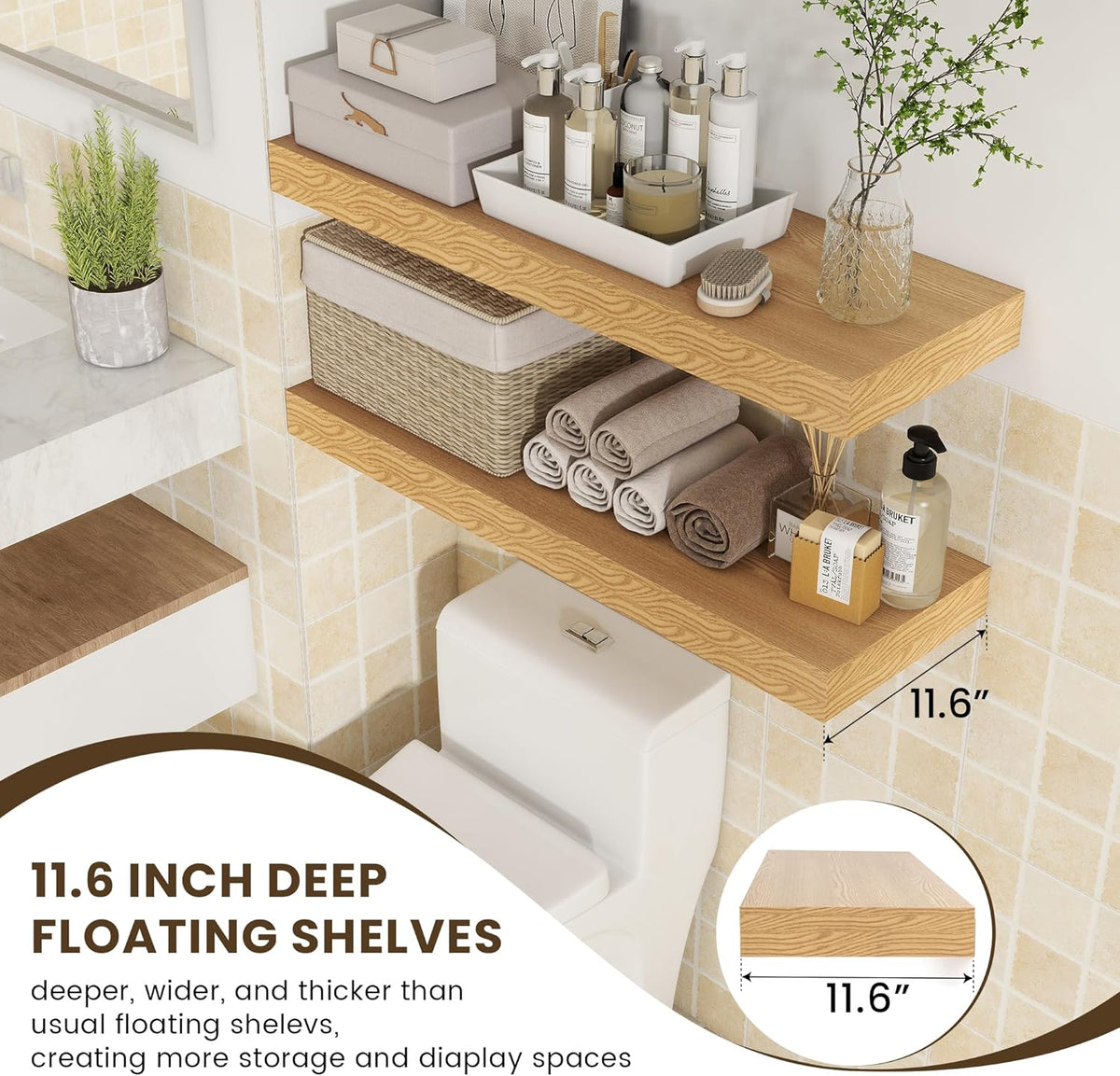 Estanterías Flotantes Profundas, Juego de 2, 36x12, Roble