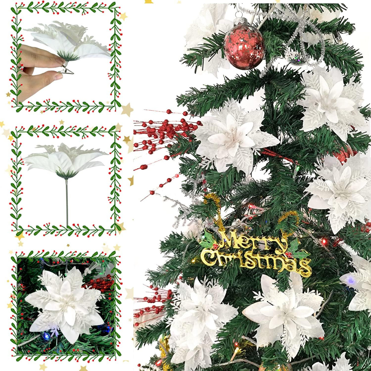 Flores Artificiales Poinsettia, 15 Pcs, Decoraciones Brillantes