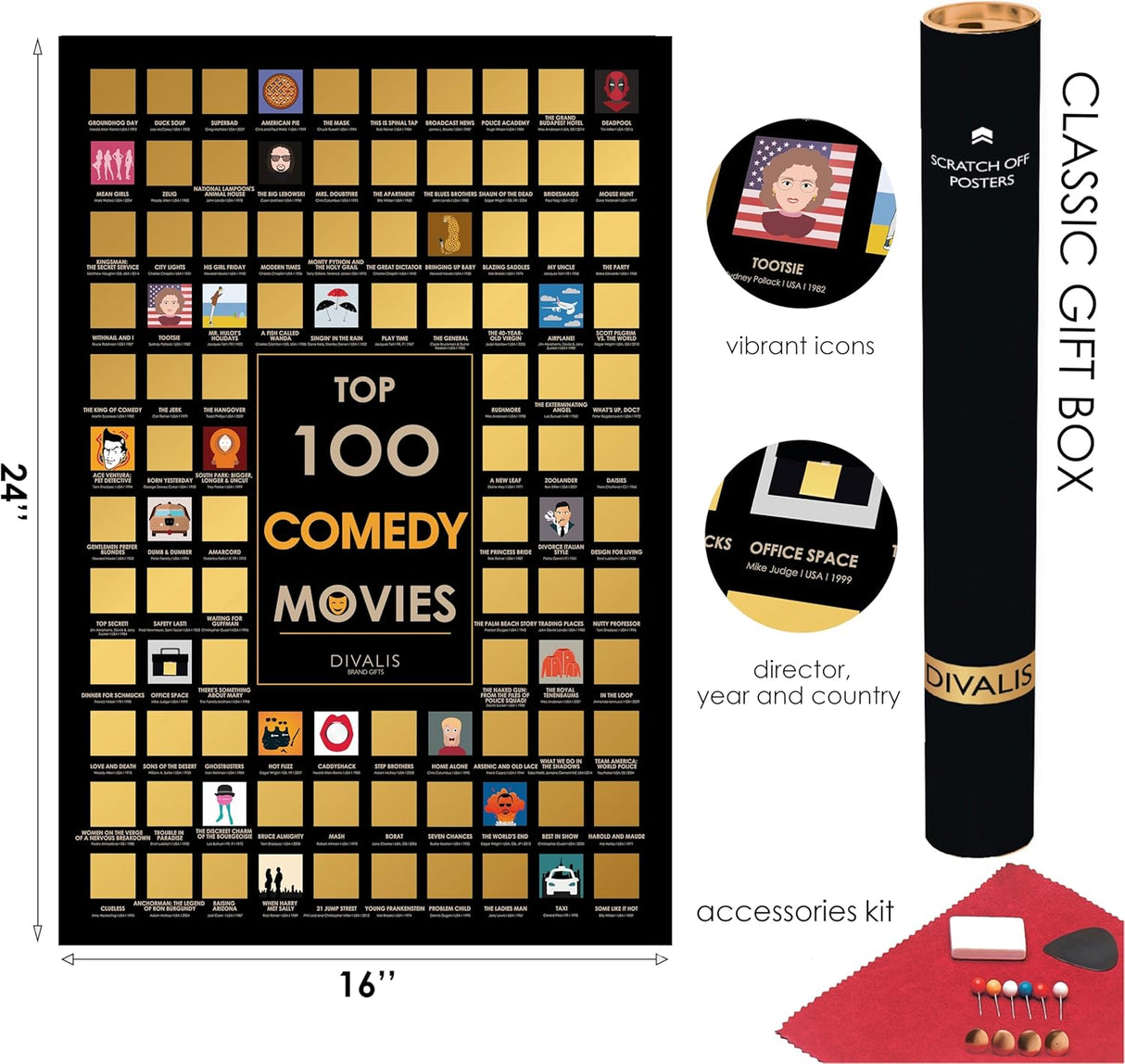 Póster Rascable de 100 Películas de Comedia: Lista de Deseos