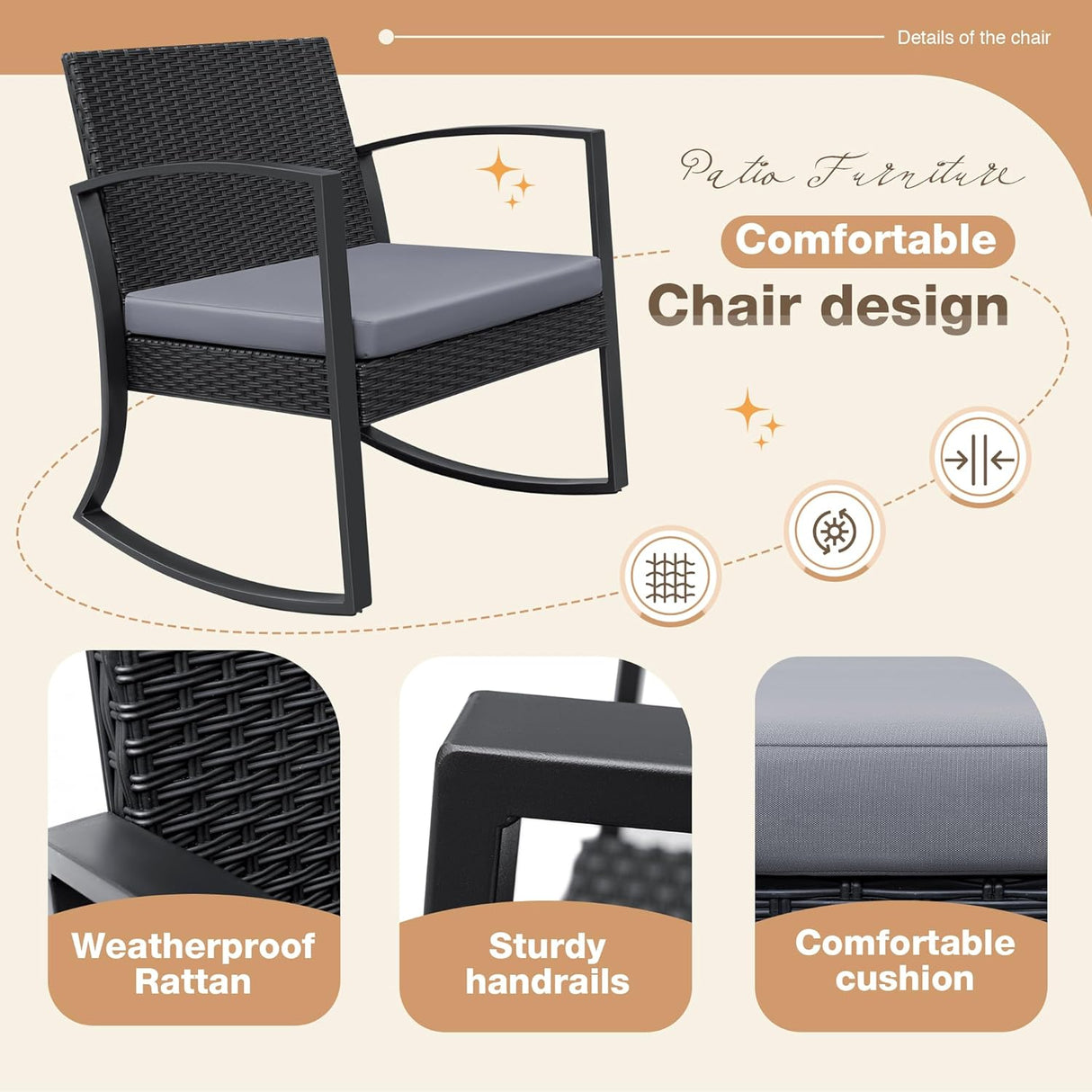 Greesum Juego de muebles de exterior de 3 piezas para patio, bistró, mecedoras con mesa de centro de cristal para piscina, playa, patio, balcón, porche, terraza, jardín, gris