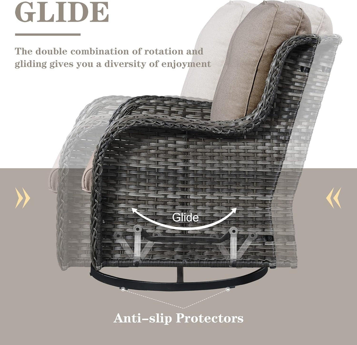 Belord Juego de muebles de patio al aire libre con mesa para fogata de propano, juego de conversación de mimbre de 7 piezas con 2 sillas giratorias mecedoras deslizantes, sofá de ratán, cojín gris,