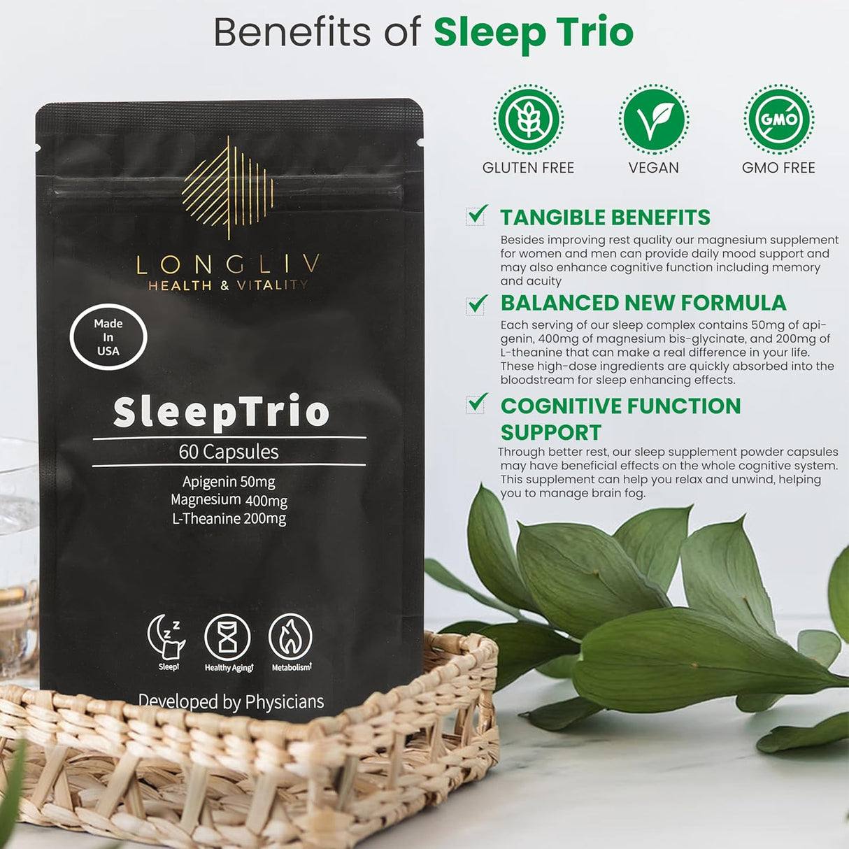 Cápsulas de magnesio y apigenina L-teanina Sleep Trio