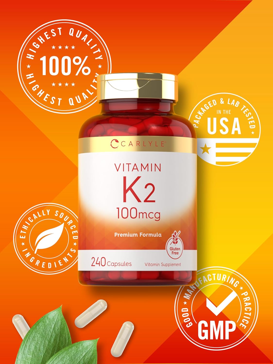 Suplemento de Vitamina K2 Carlyle 100 mcg, 240 cápsulas