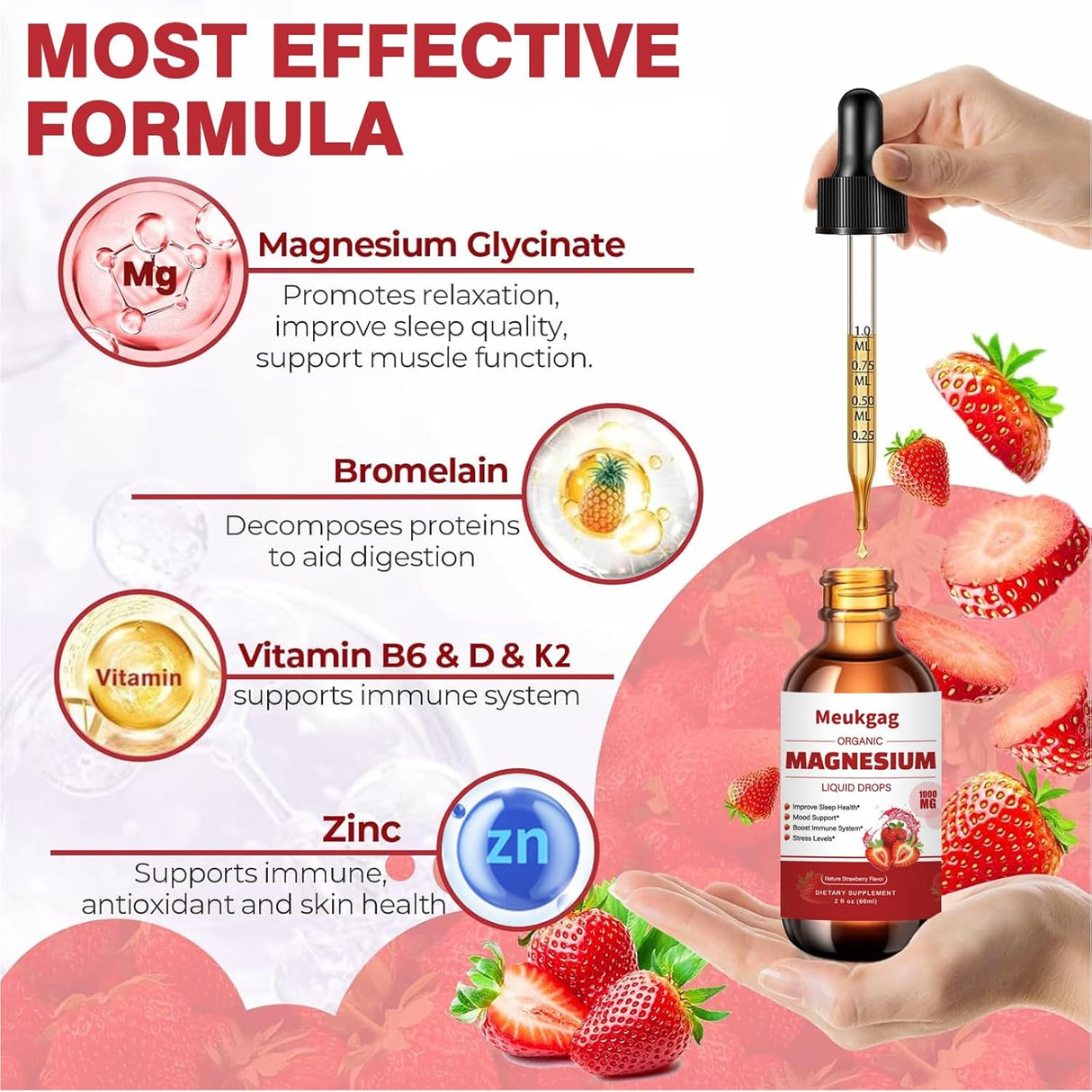 Suplemento Líquido de Magnesio Glycinato 1000mg con Bromelina, D3, B6 y K2