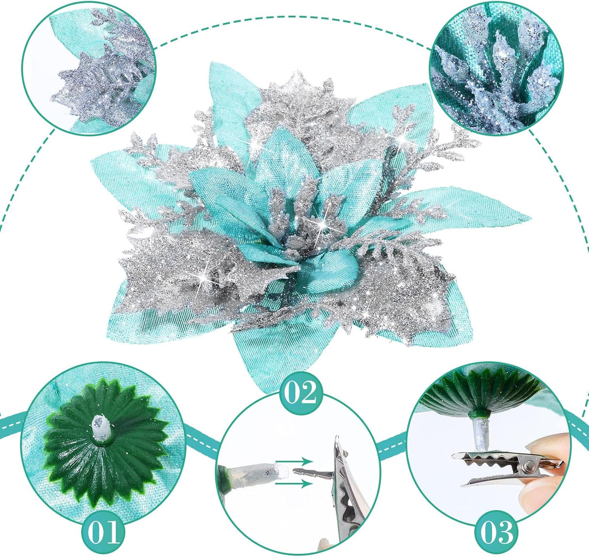 Flores Poinsettia Artificiales 36 Pcs, Decoración Navidad, 6-4-3 Pulgadas