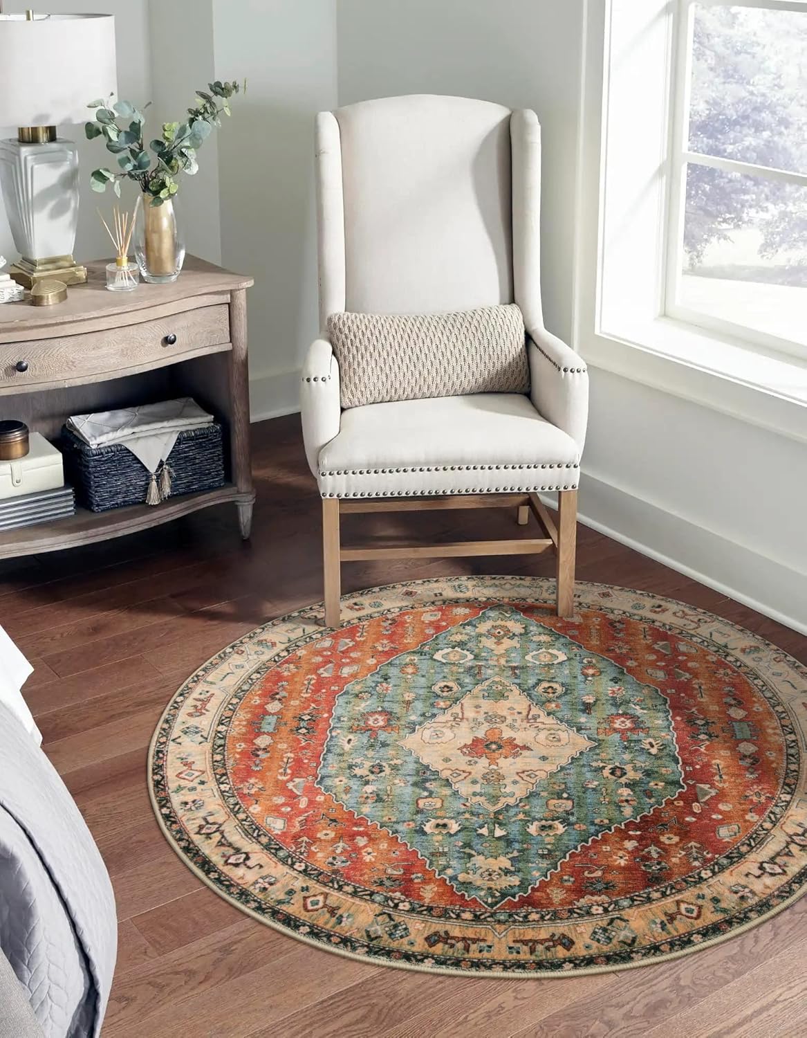 Alfombra redonda tribal bohemia de 3 pies, Rojo Lahome