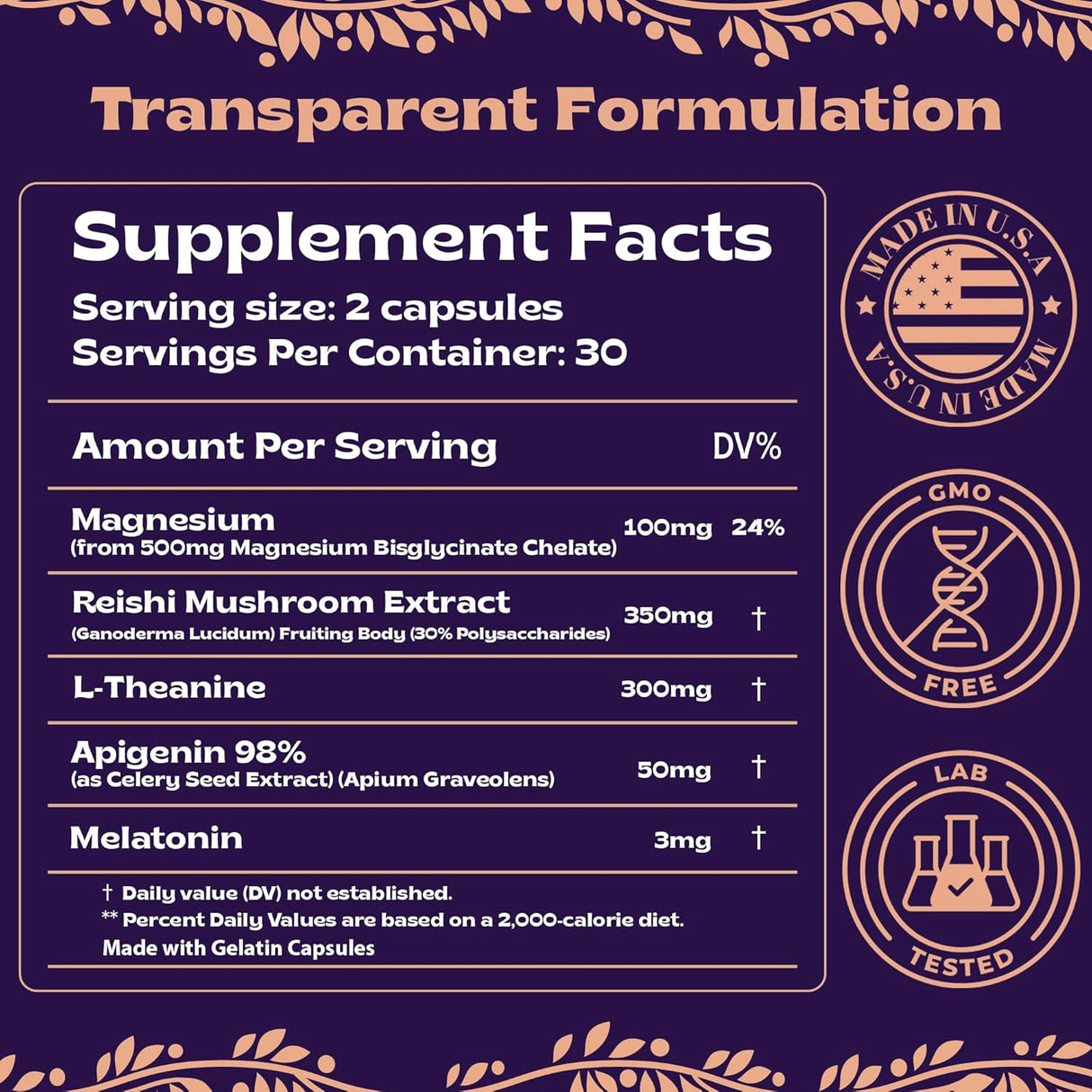 Bisglicinato de magnesio 500 mg hongo Reishi 350 mg L teanina