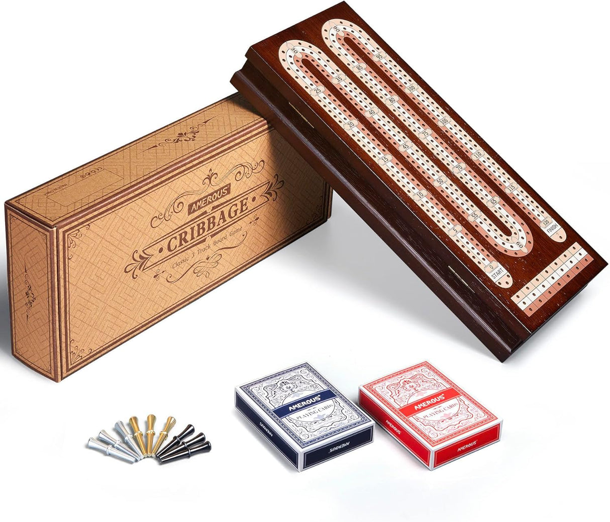 Juego de Cribbage AMEROUS con 9 Puntos y 2 Barajas, 3 Pistas