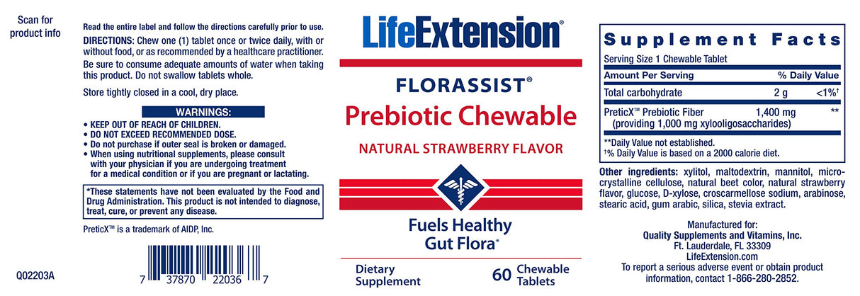 Life Extension Florassist Prebiotic, 60 tabletas masticables