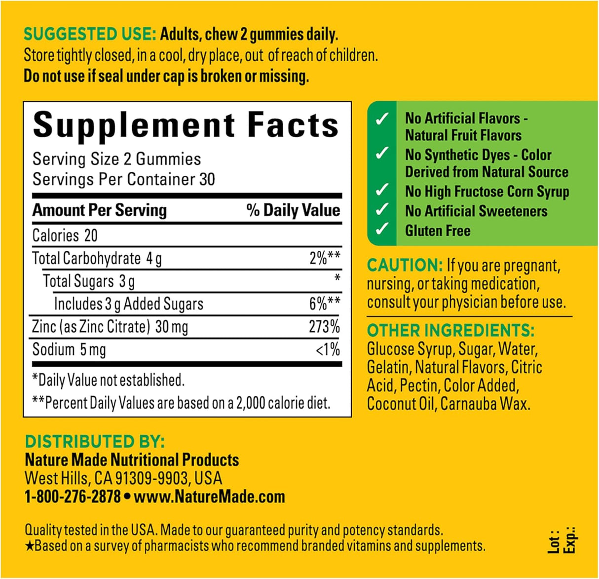 Suplementos de zinc extra resistentes de 30 mg 60 gomitas