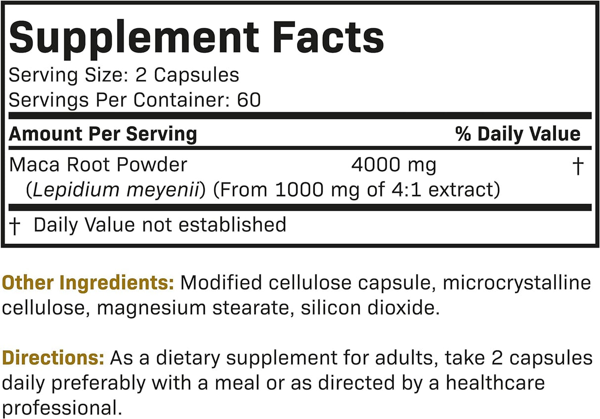 Raíz de Maca Extra Fuerte 4000 mg, 120 Cápsulas Vegetarianas