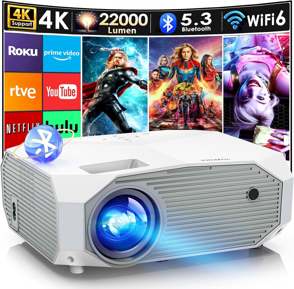 Proyector YOWHICK 4K, 1080P, WiFi, Bluetooth, Zoom 50%