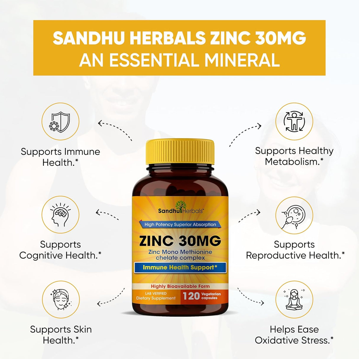 Sandhu Herbals Zinc 30mg Suplemento para Hombres y Mujeres