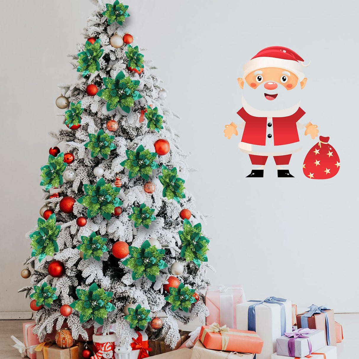 Flores Poinsettia Artificiales Glitter para Navidad, 36 Pcs