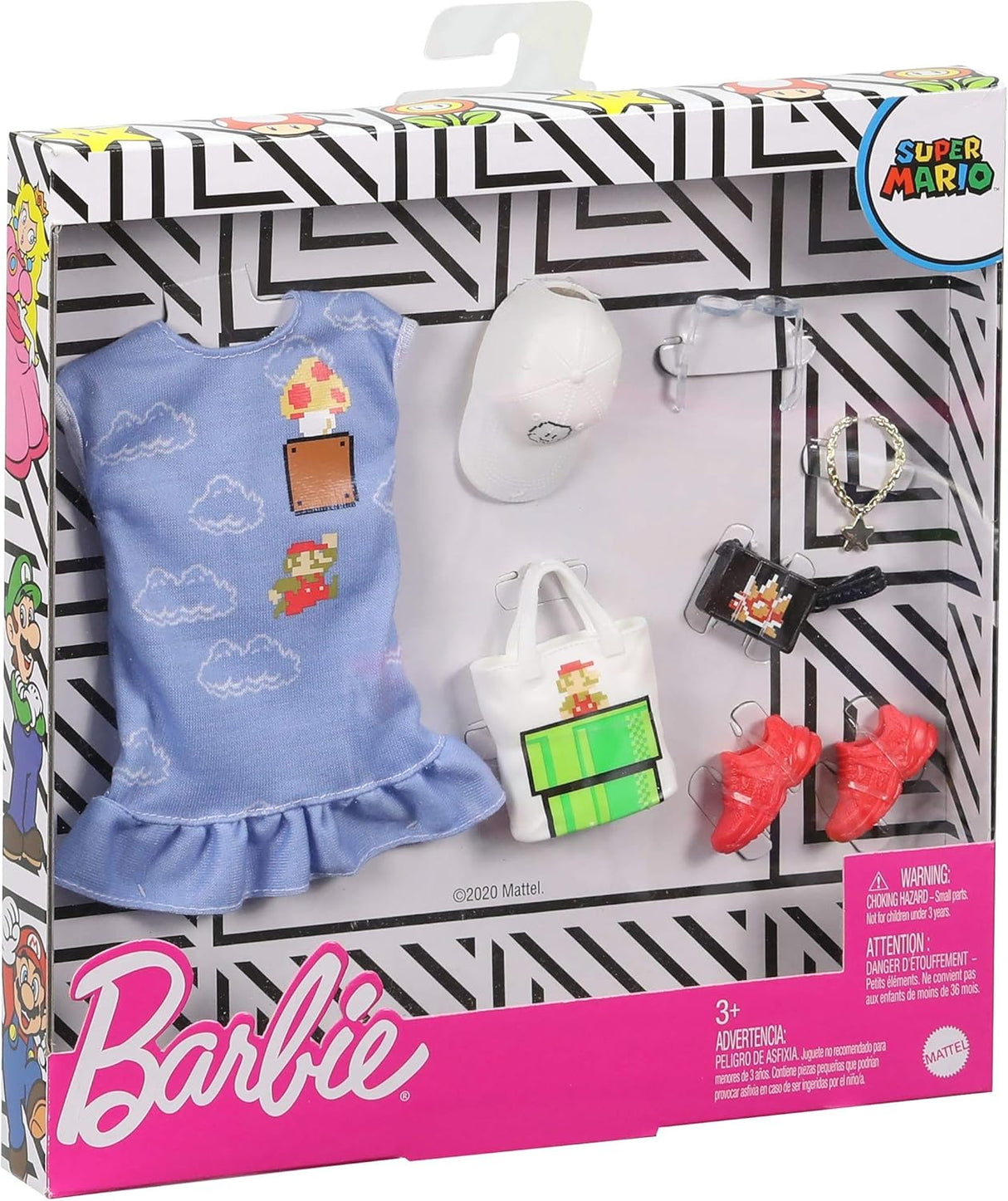 Pack de ropa Barbie con temática Super Mario, accesorios y vestido