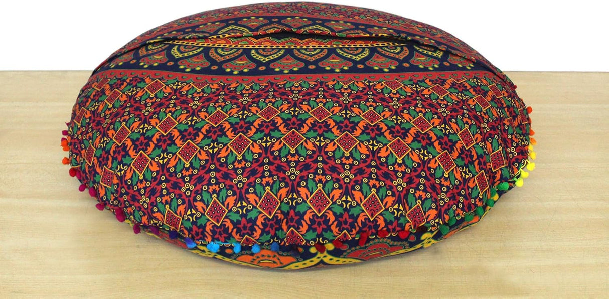 ICC - Almohadas y cojines de suelo de 32 pulgadas, diseño de mandala hippie para meditación, cojín bohemio, funda otomana grande y bohemia para sofá, redondo, azul, multicolor