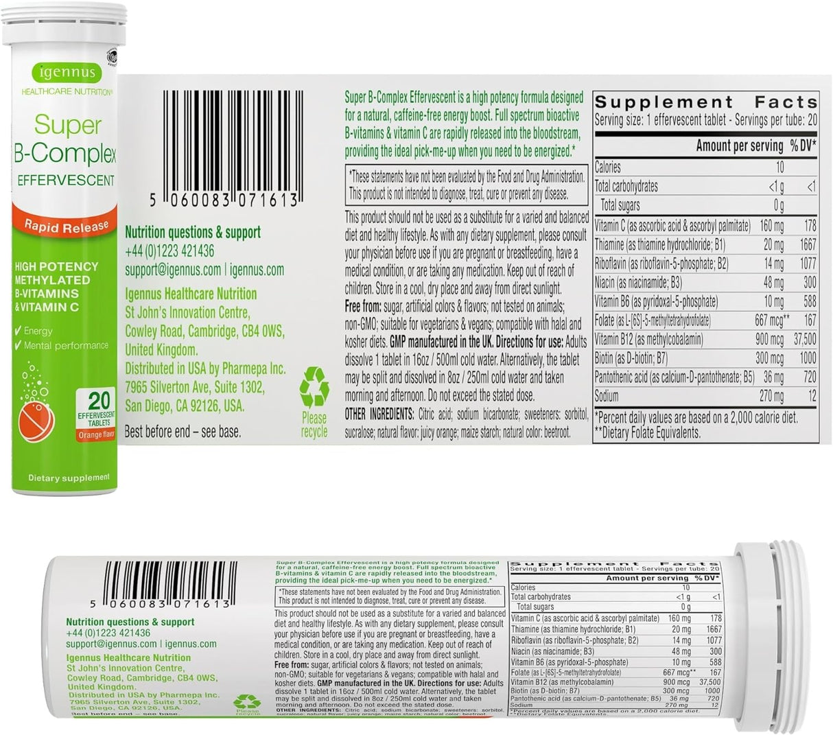 Igennus B-Complex Líquido Methylado, Energía Rápida, Vegan, 20 Comprimidos