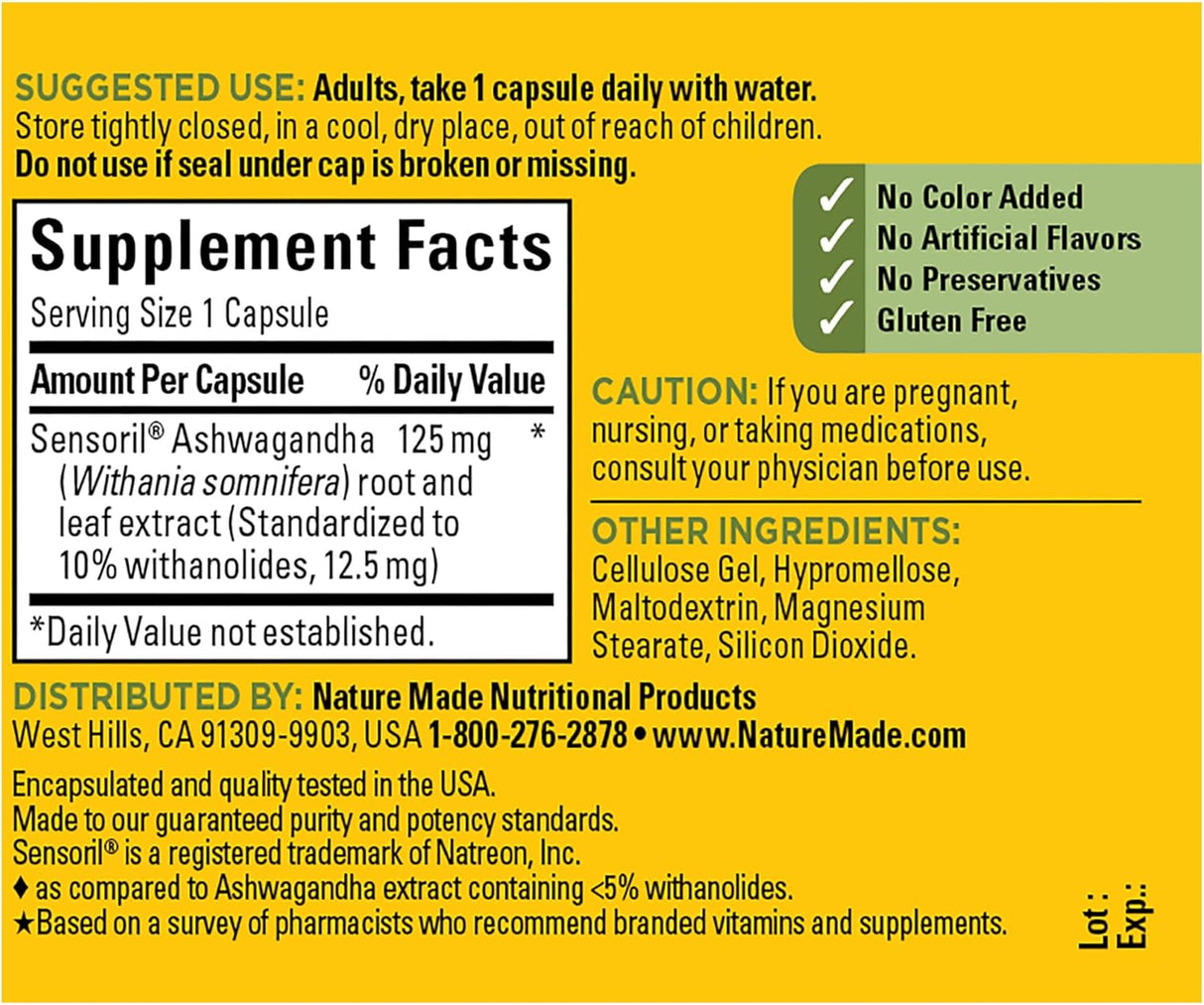 Suplemento Nature Made Ashwagandha 125 mg 60 cápsulas