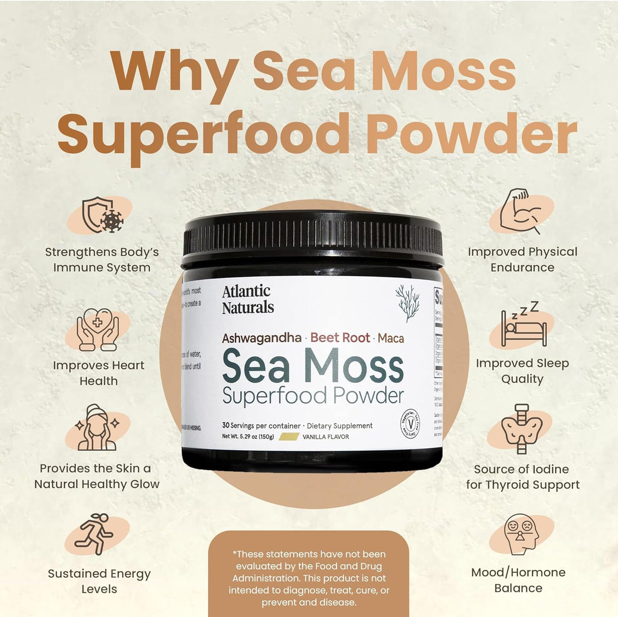 Atlantic Naturals Polvo de Sea Moss con Ashwagandha y Maca - 150g