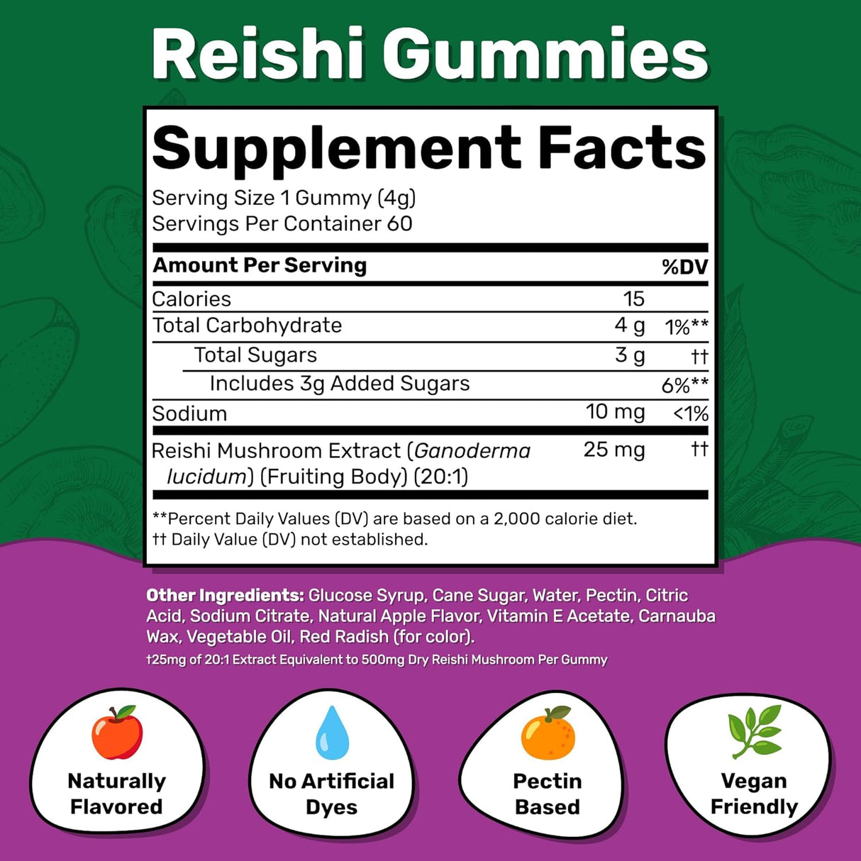 Suplemento Reishi Gomitas de hongos Deliciosa manzana 60und