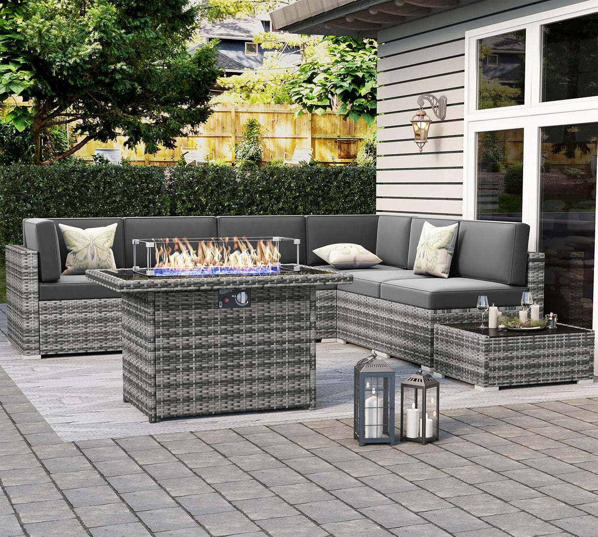 LayinSun Juego de muebles de patio de 8 piezas con mesa para fogata, juegos de conversación al aire libre, sofá modular de ratán de mimbre con mesa de café