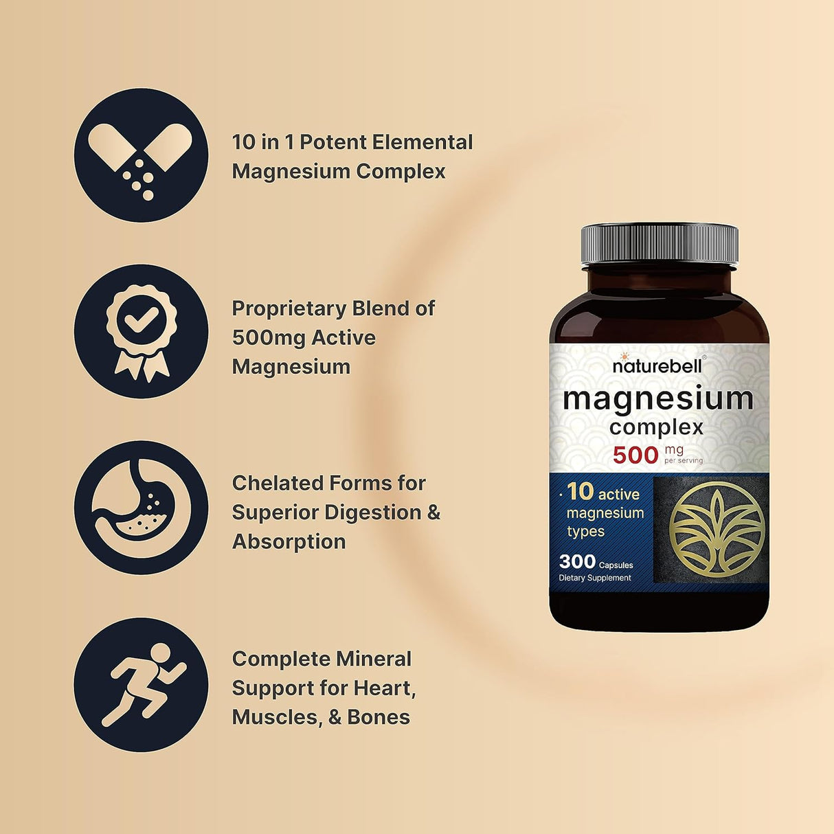 NatureBell Magnesio Complejo 500mg 300 Cápsulas | 10 Formas Activas