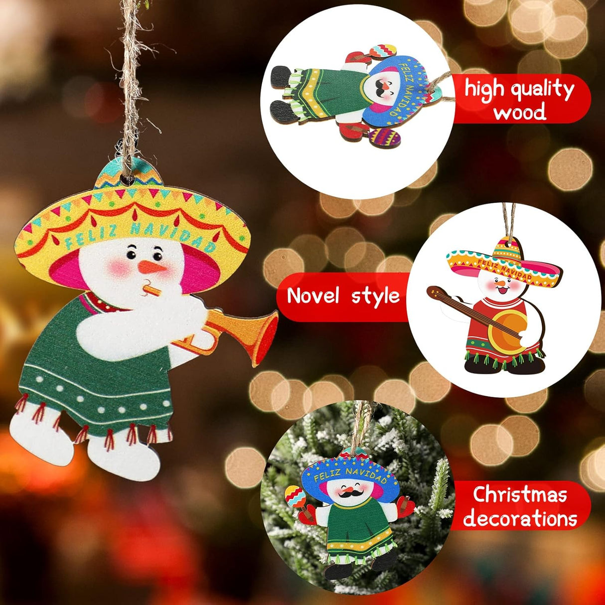 Adornos de Madera Mexicanos, Feliz Navidad, 24 Piezas, 6 Estilos