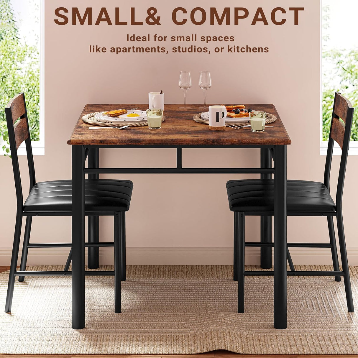 Juego de Mesa de Comedor para 2, Mesa y Sillas Tapizadas