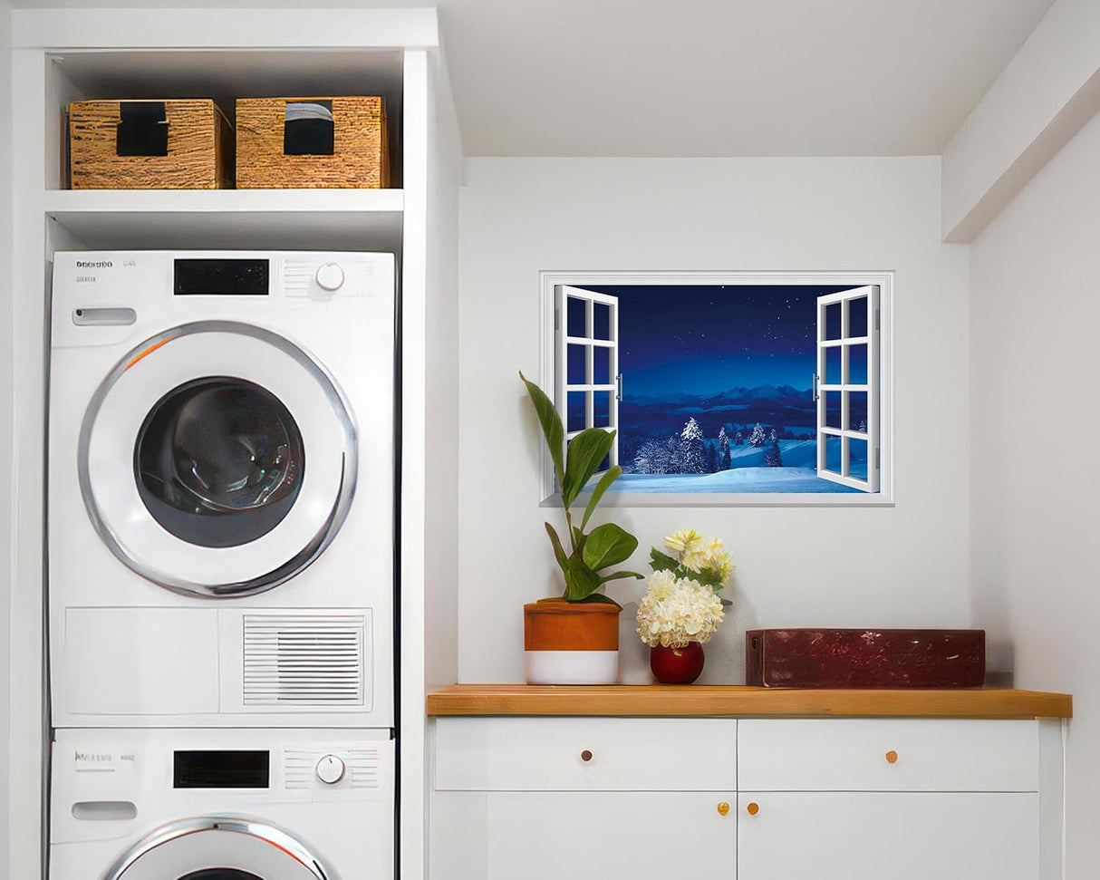 Adhesivo de pared falso para ventana, escena nevada de noche