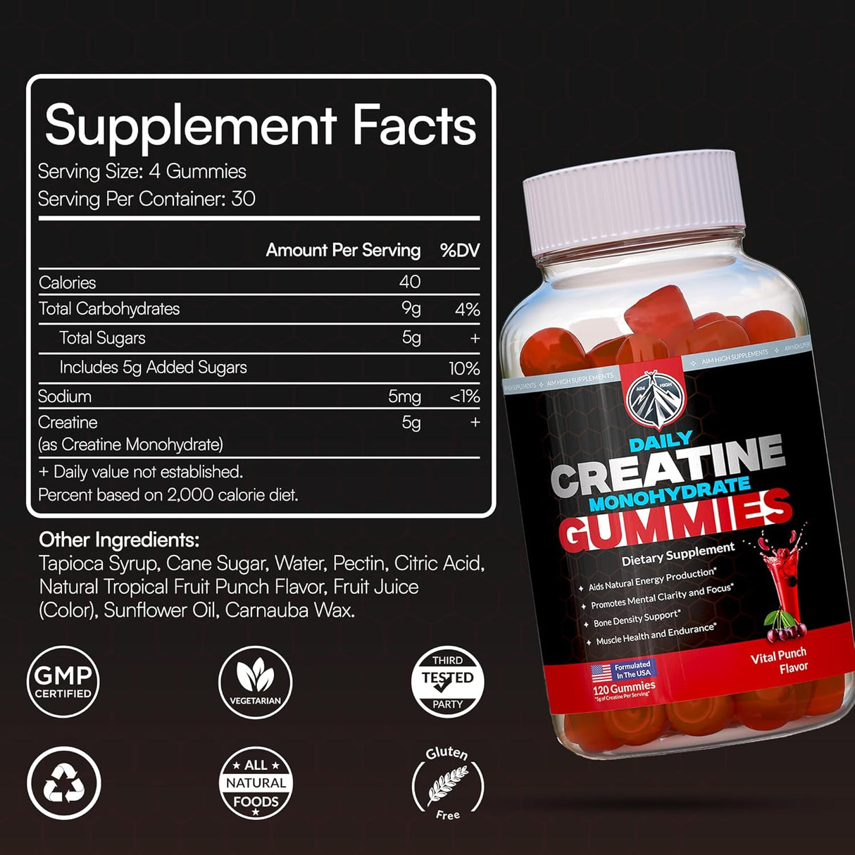 Aim High Gummies de Creatina, 120ct, Energía y Músculo