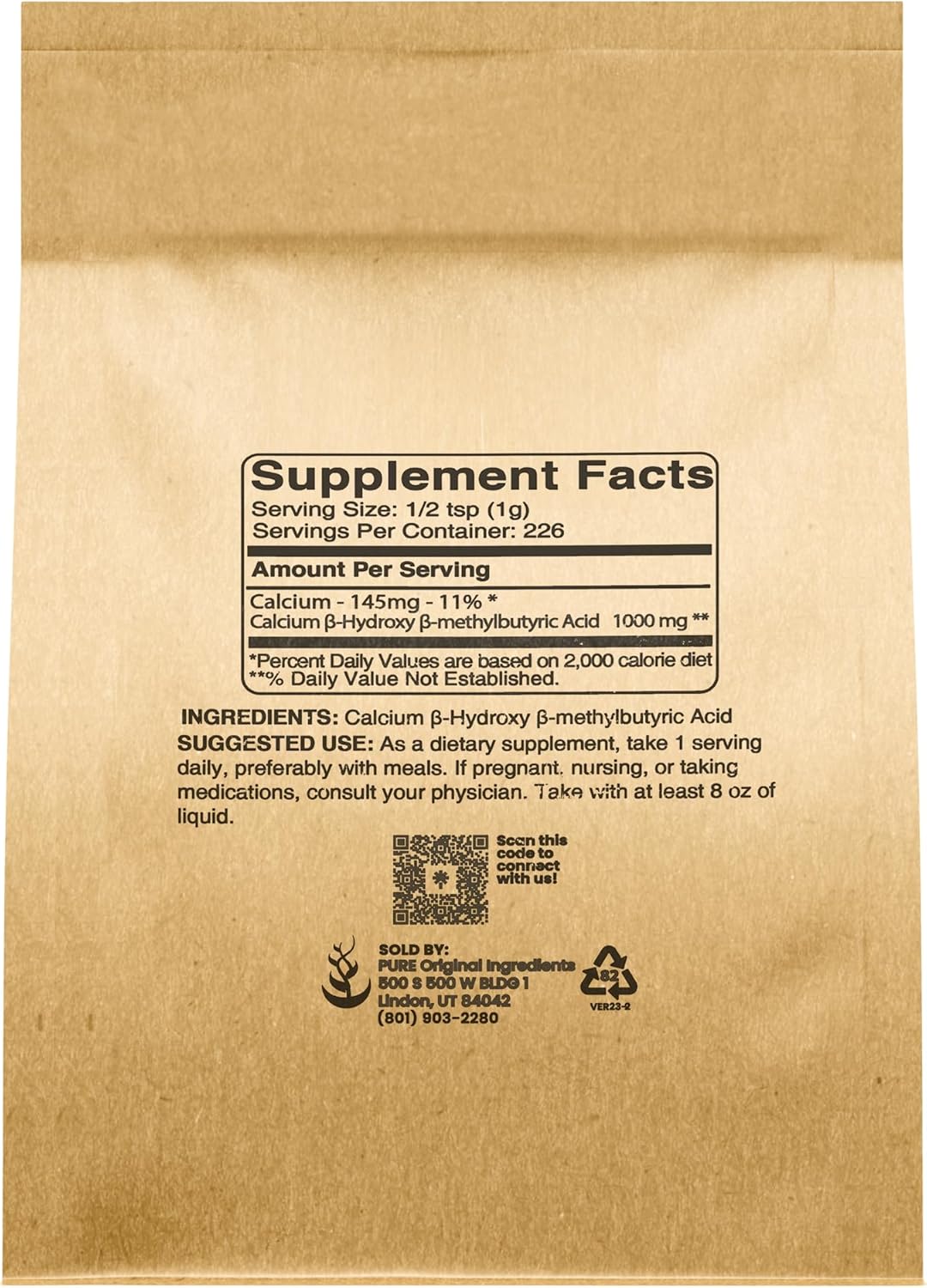 Pure Original Ingredients HMB Suplemento, Sin OGM, Sin Gluten 8oz