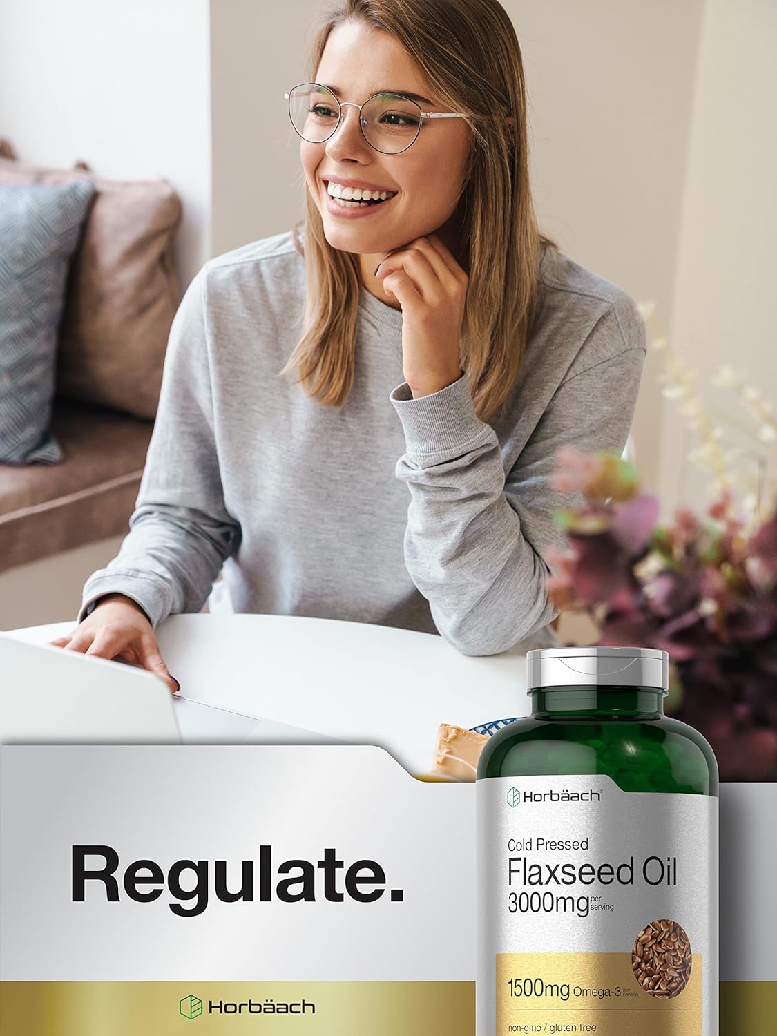 Cápsulas de aceite de linaza 3000mg Horbäach, Omega 3 6 9