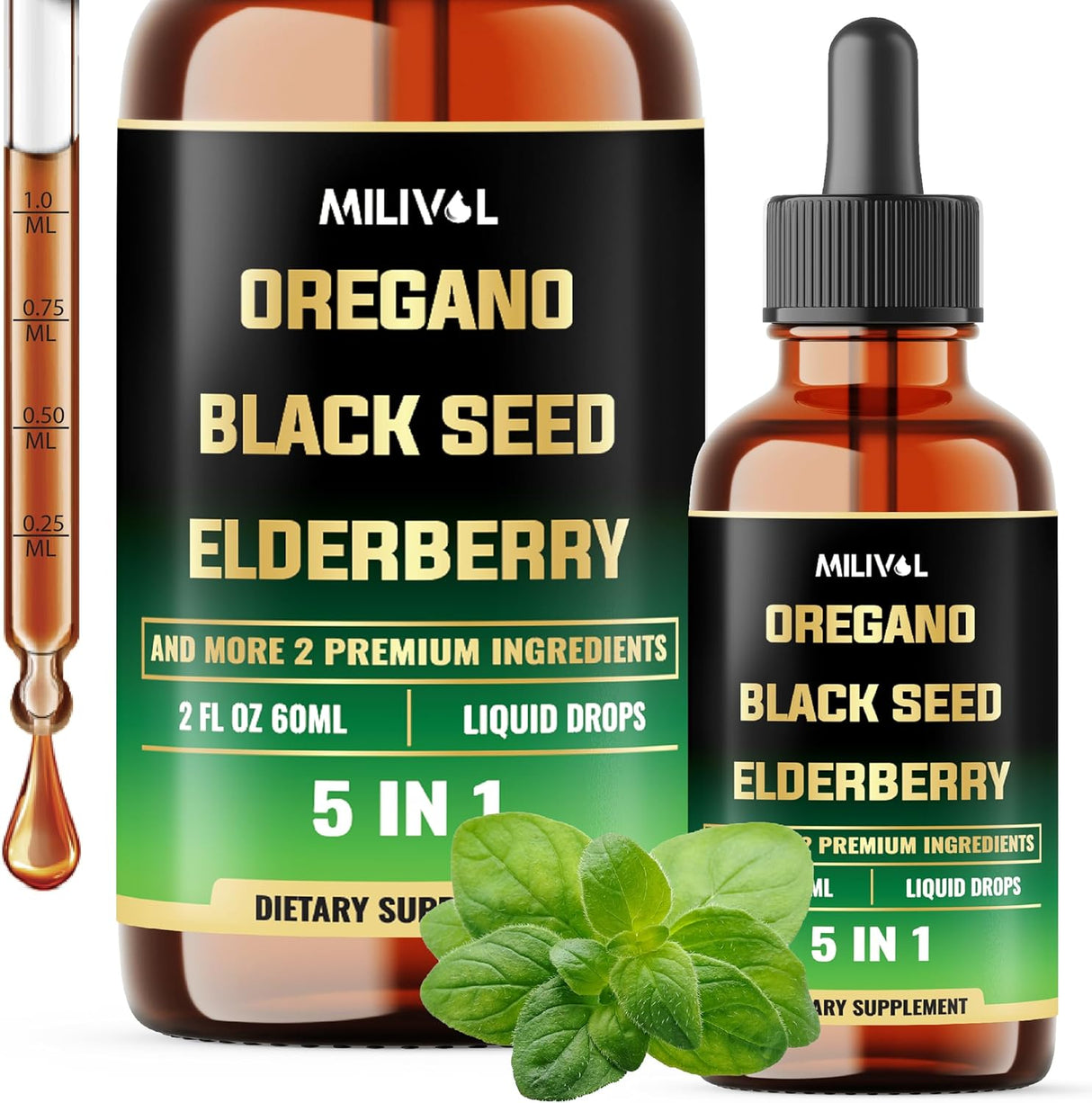 Oregano Oil Líquido 5en1 con SemillaNegra, Elderberry, Ajo, Olivo 2oz