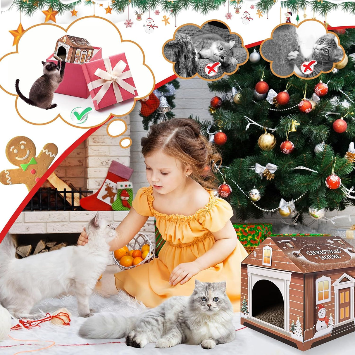 Casa de Cartón para Gatos, incluye Rascador y Catnip, 14x14x13