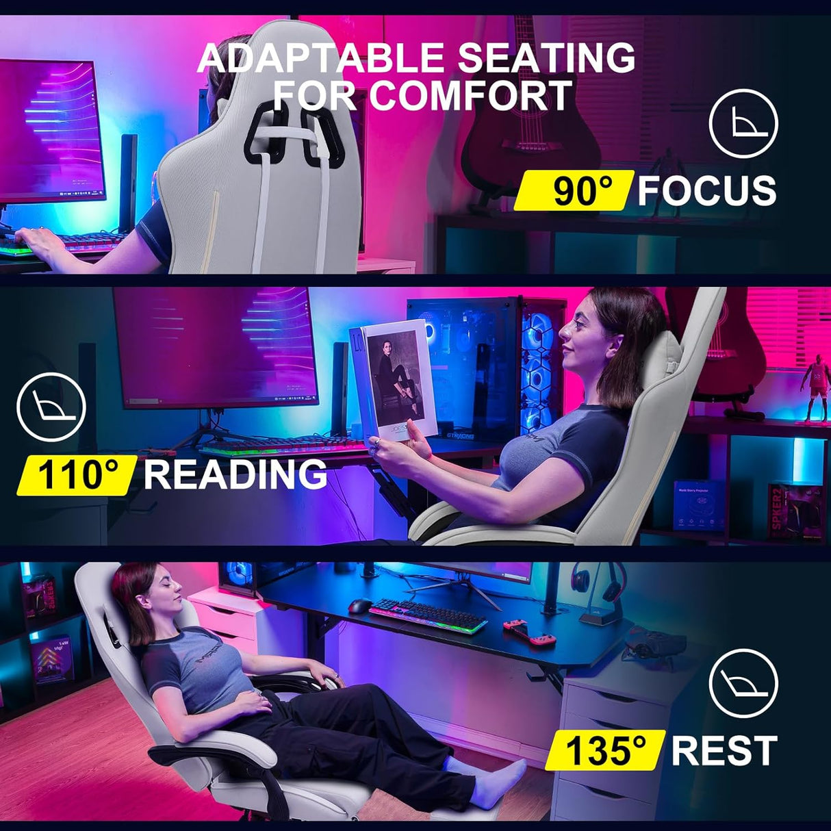 Silla Gamer con reposapiés y ajustable GT804F-WTGY GTPLAYER