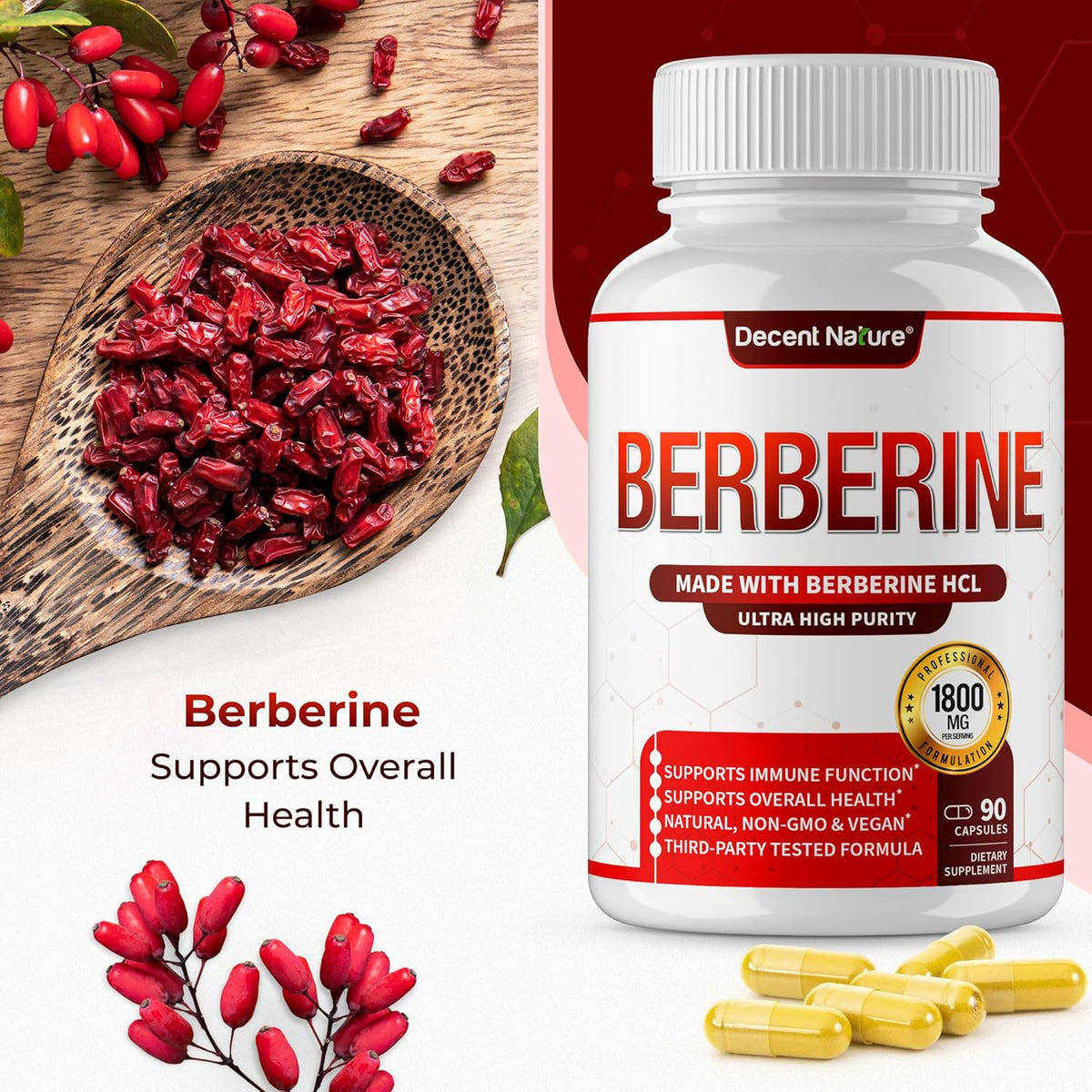 Suplemento de Berberina 1800mg - Alta Pureza, 90 Cápsulas