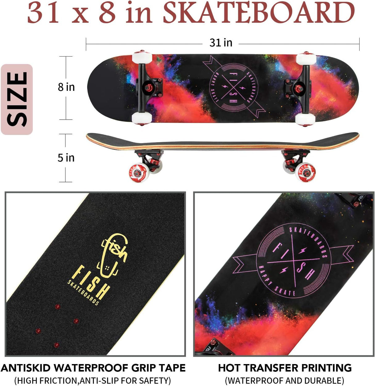 Skateboard Completo 31"x8", Madera de Arce, Doble Kick