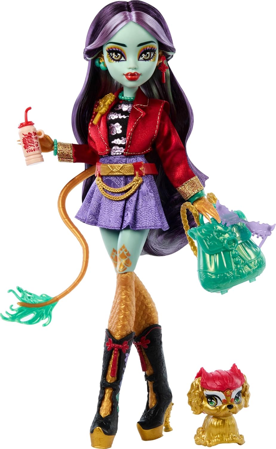 Muñeca Jinafire Long de Monster High con perro y 7 accesorios