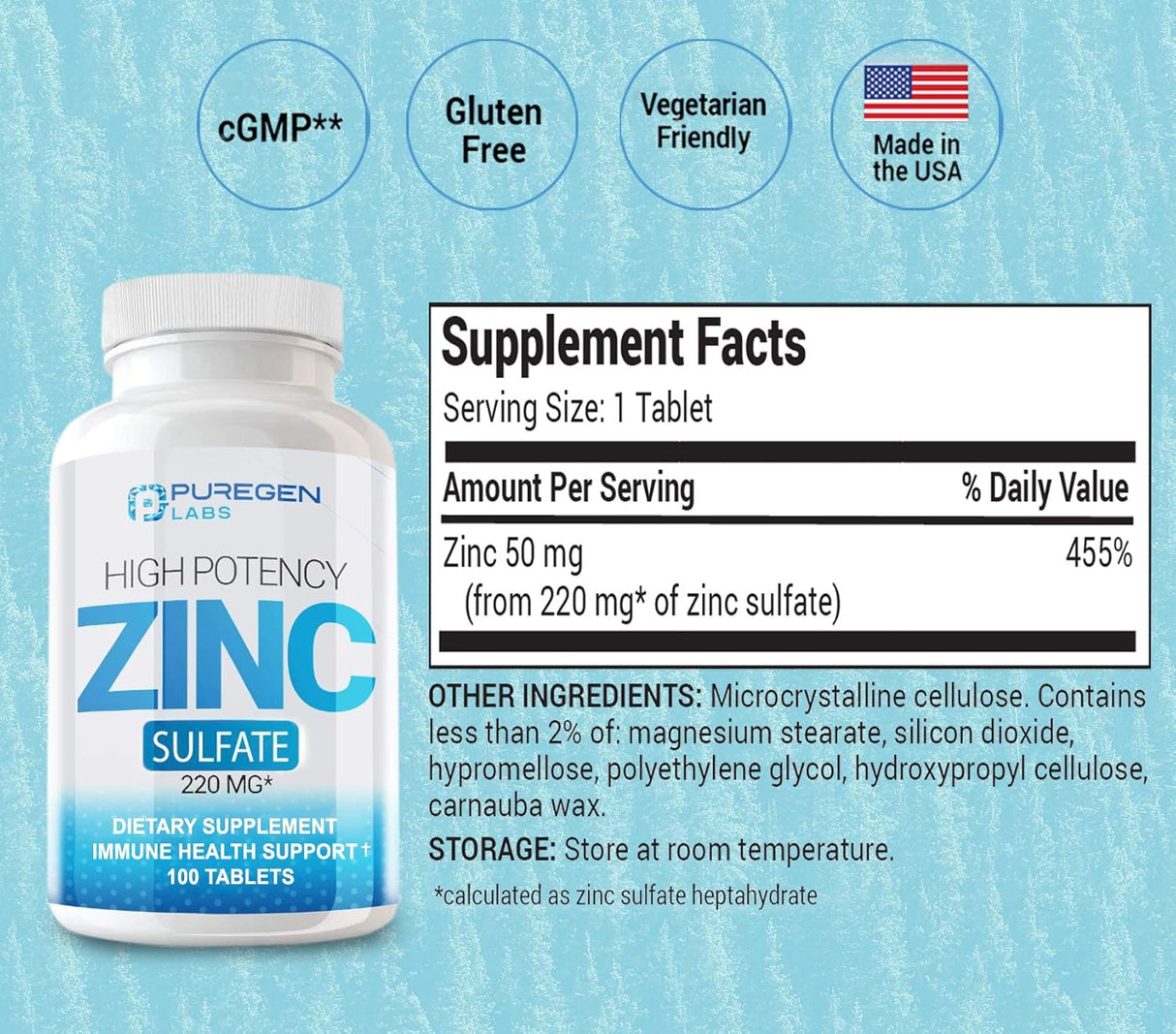Suplementos Zinc 220mg alta potencia Sulfato de zinc 100 un
