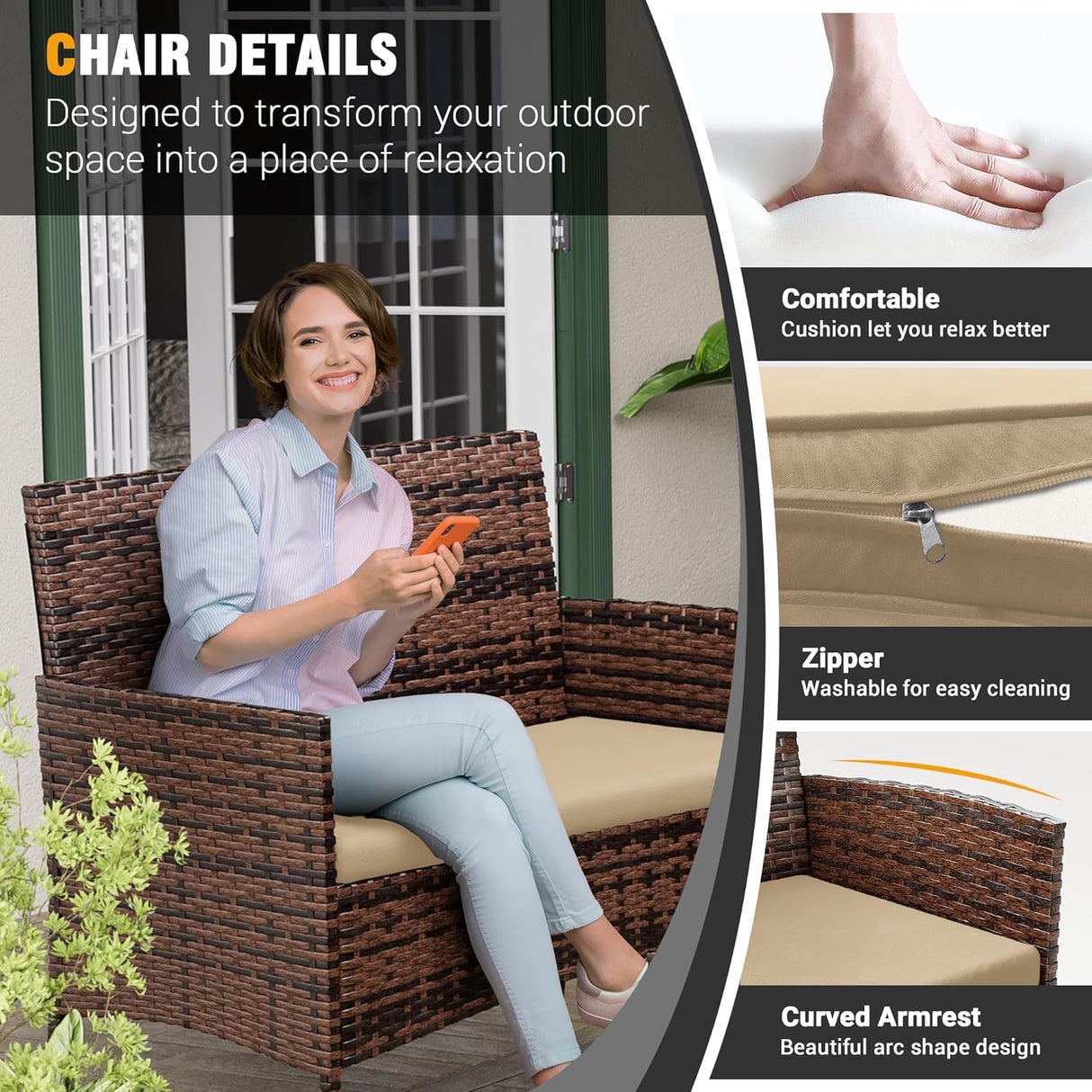 UDPATIO Muebles de patio, 4 piezas, sillas de mimbre para exteriores, juego de conversación de balcón, muebles de porche, sofá biplaza seccional con cojines y mesa para patio, piscina, jardín