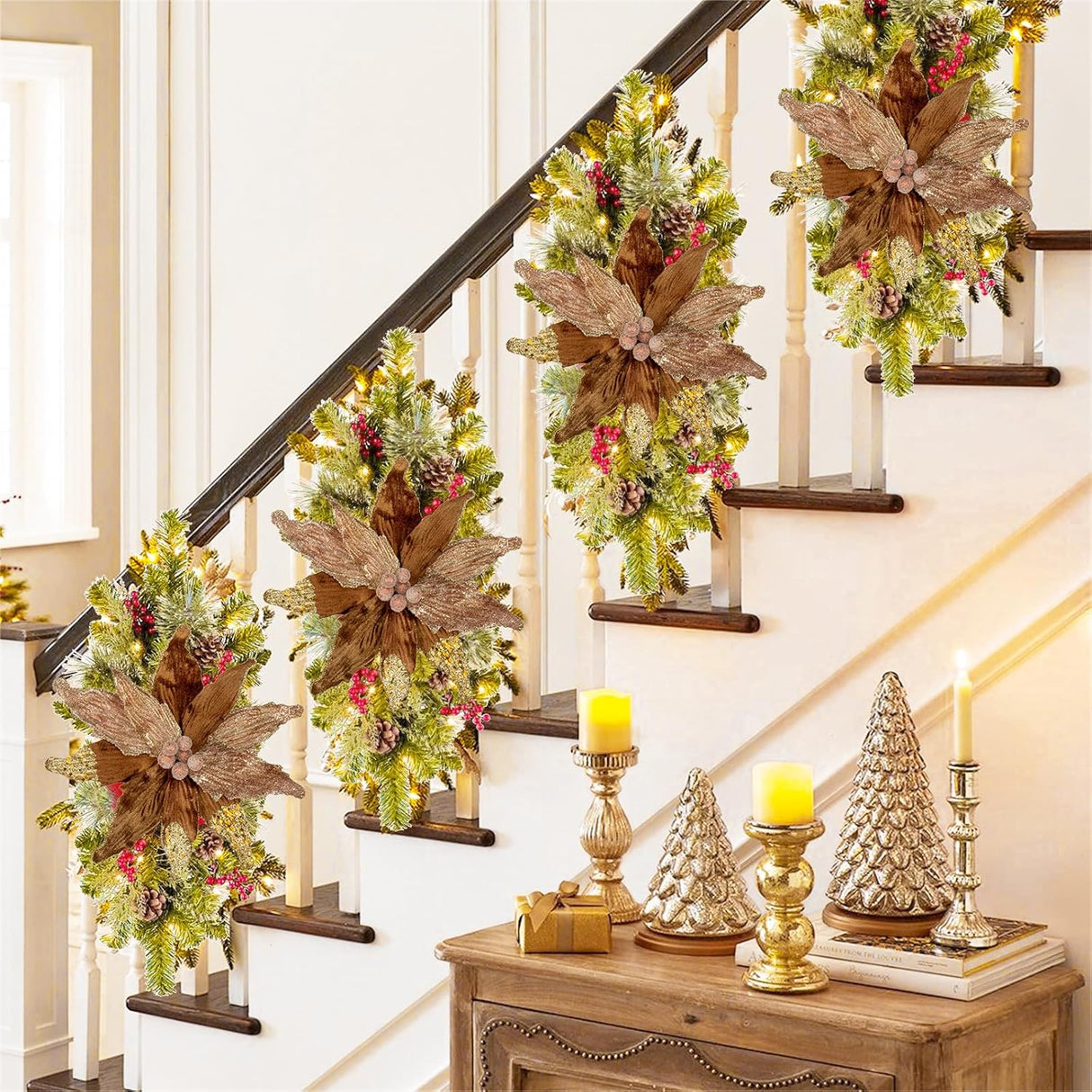 Flores Artificiales Poinsettia para Árbol de Navidad, Set 4