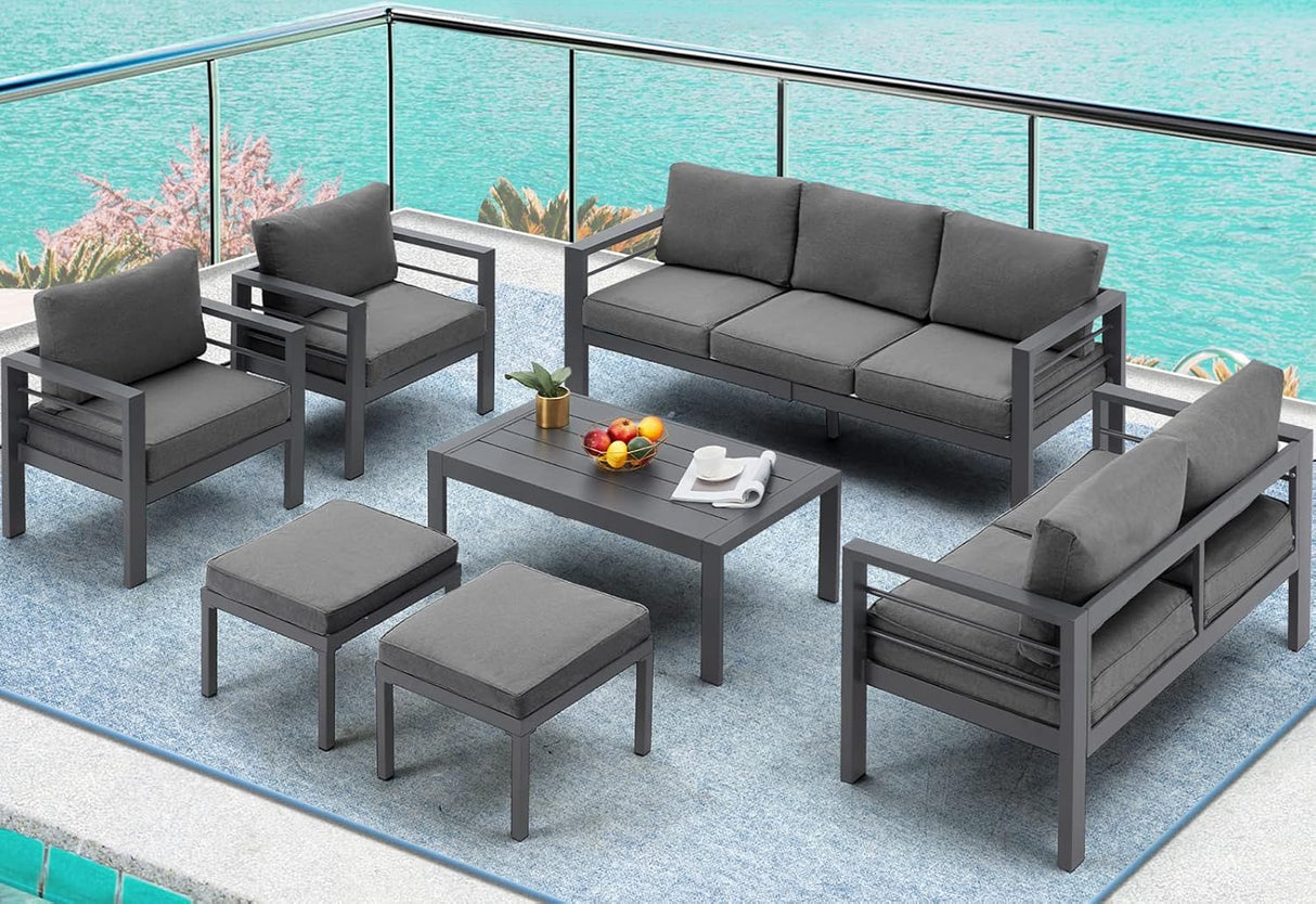 AECOJOY Muebles de patio modernos de aluminio con mesa auxiliar, juego de 7 piezas para conversación al aire libre con cojines gris oscuro para balcón, porche, césped y más