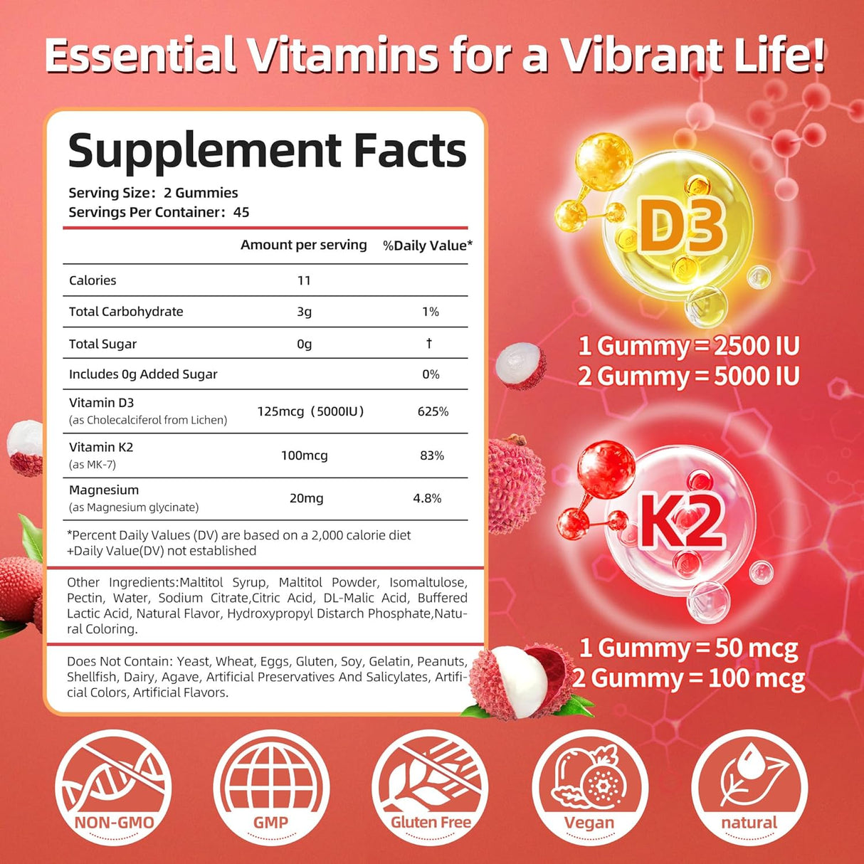 Gomitas de Vitamina D3 K2 Magnesio Sin Azúcar 90 Uni